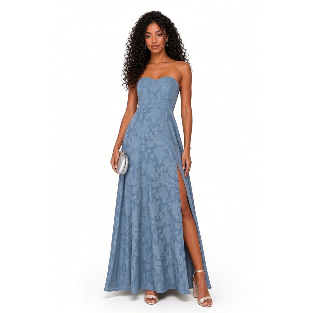Lulus Garden of Romance Dusty Blue Floral Burnout Strapless Maxi Dress L Wedding